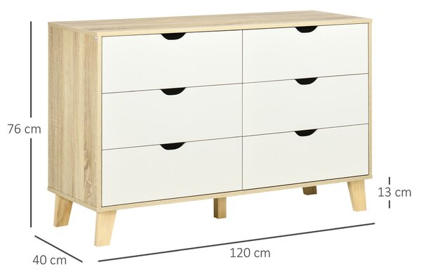 HOMCOM 6-Drawer Wide Chest, Storage Organiser Unit with Wooden Legs for Bedroom, Living Room, White and Light Oak Aosom UK