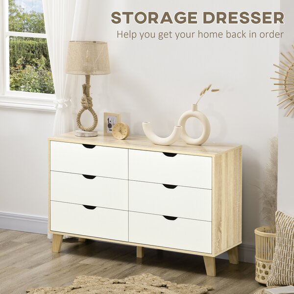 HOMCOM 6-Drawer Wide Chest, Storage Organiser Unit with Wooden Legs for Bedroom, Living Room, White and Light Oak Aosom UK