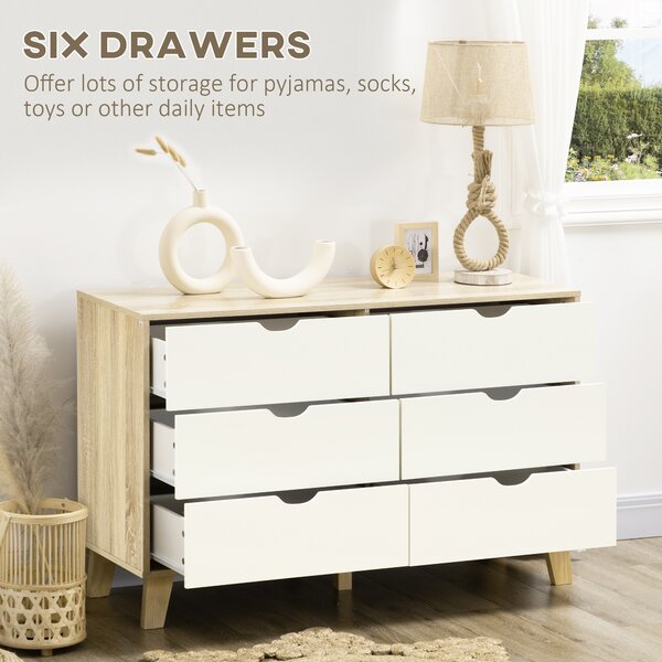 HOMCOM 6-Drawer Wide Chest, Storage Organiser Unit with Wooden Legs for Bedroom, Living Room, White and Light Oak Aosom UK