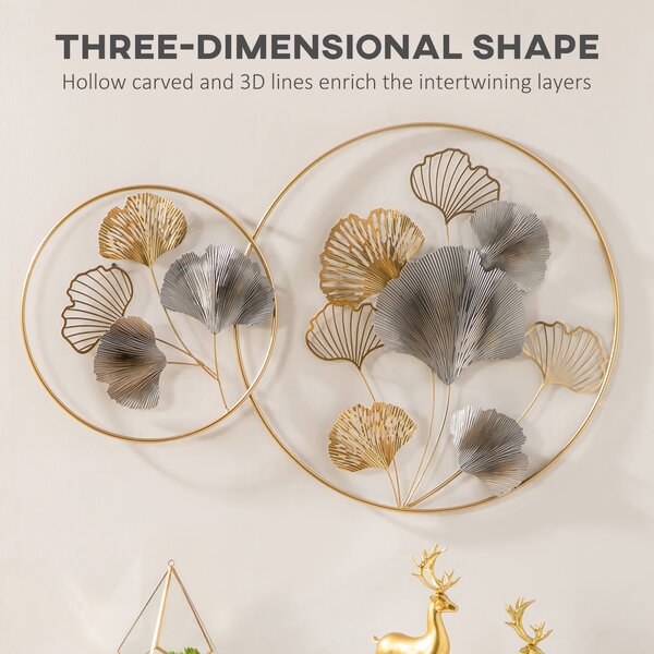 HOMCOM 3D Metal Wall Art Modern Ginkgo Leaves Hanging Wall Sculptures Home Decor for Living Room Bedroom Dining Room, Gold Aosom UK