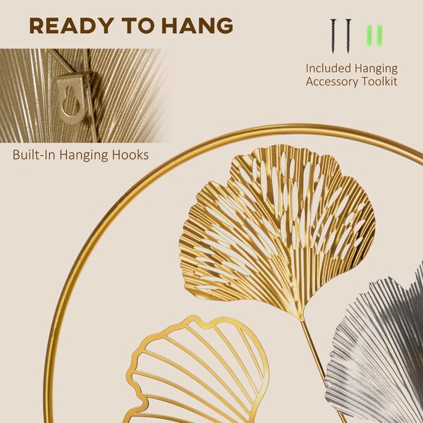 HOMCOM 3D Metal Wall Art Modern Ginkgo Leaves Hanging Wall Sculptures Home Decor for Living Room Bedroom Dining Room, Gold Aosom UK