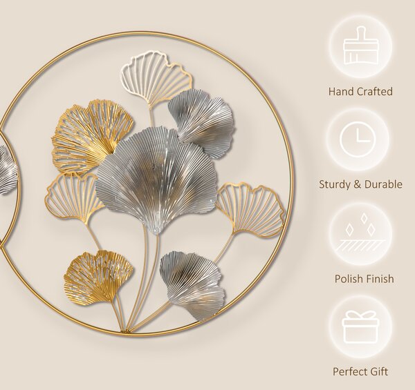 HOMCOM 3D Metal Wall Art Modern Ginkgo Leaves Hanging Wall Sculptures Home Decor for Living Room Bedroom Dining Room, Gold Aosom UK