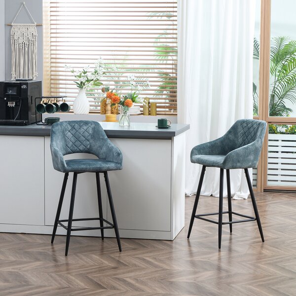 HOMCOM Bar Stools Set of 2, Velvet-Touch Fabric Counter Height Bar Chairs, Kitchen Stools with Steel Legs for Dining Area, Blue Aosom UK