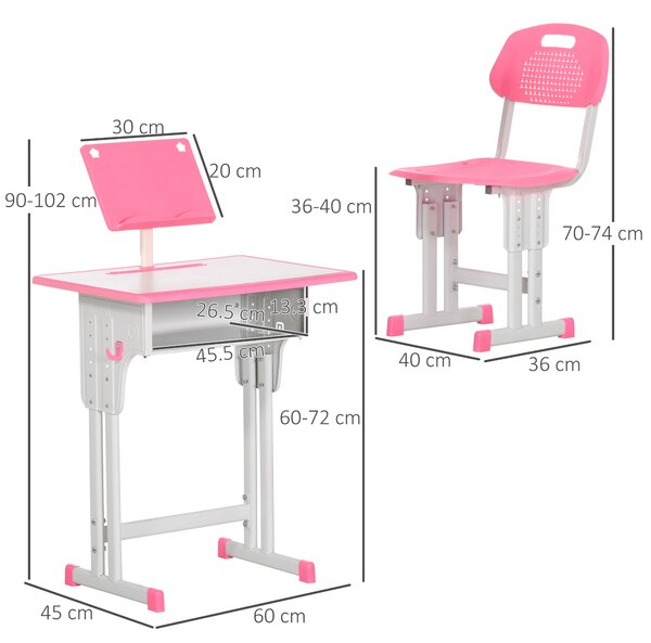 HOMCOM Children's Study Desk and Chair Set, Adjustable Height with Drawer, Bookshelf, Cup Holder & Pen Groove, Pink Aosom UK