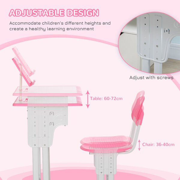 HOMCOM Children's Study Desk and Chair Set, Adjustable Height with Drawer, Bookshelf, Cup Holder & Pen Groove, Pink Aosom UK