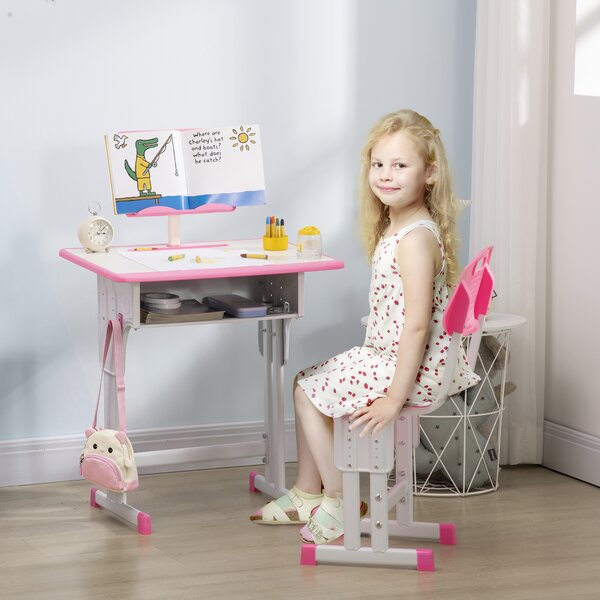 HOMCOM Children's Study Desk and Chair Set, Adjustable Height with Drawer, Bookshelf, Cup Holder & Pen Groove, Pink Aosom UK