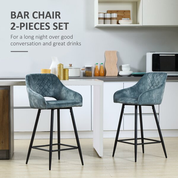 HOMCOM Bar Stools Set of 2, Velvet-Touch Fabric Counter Height Bar Chairs, Kitchen Stools with Steel Legs for Dining Area, Blue Aosom UK