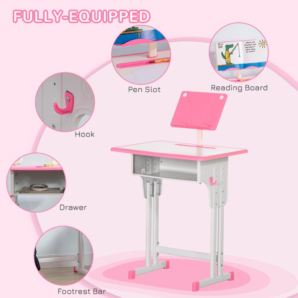 HOMCOM Children's Study Desk and Chair Set, Adjustable Height with Drawer, Bookshelf, Cup Holder & Pen Groove, Pink Aosom UK