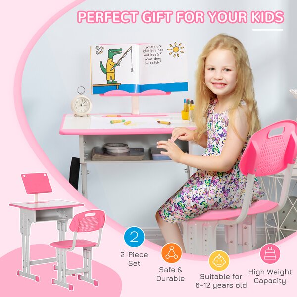 HOMCOM Children's Study Desk and Chair Set, Adjustable Height with Drawer, Bookshelf, Cup Holder & Pen Groove, Pink Aosom UK