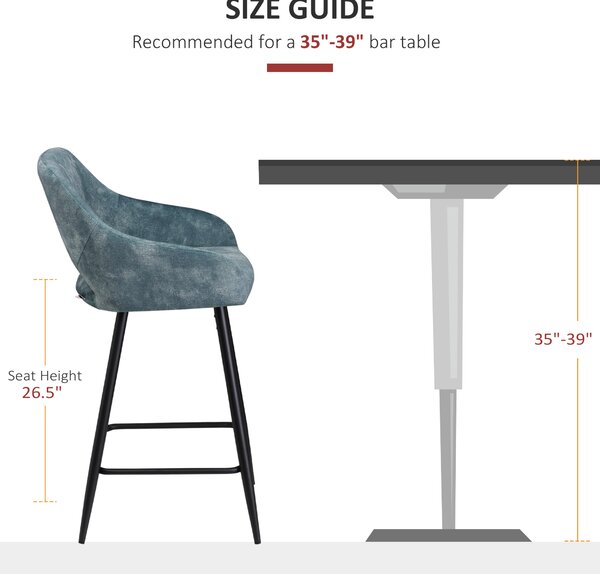 HOMCOM Bar Stools Set of 2, Velvet-Touch Fabric Counter Height Bar Chairs, Kitchen Stools with Steel Legs for Dining Area, Blue Aosom UK