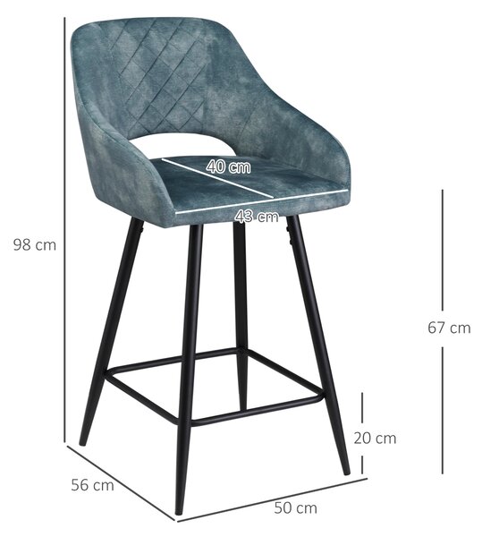 HOMCOM Bar Stools Set of 2, Velvet-Touch Fabric Counter Height Bar Chairs, Kitchen Stools with Steel Legs for Dining Area, Blue Aosom UK