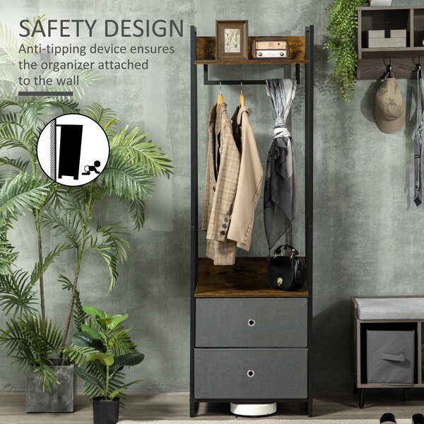 HOMCOM Metal Clothes Rail with Coat Stand, Garment Rack, 2 Fabric Drawers, Single Wardrobe, Rustic Brown and Grey, Bedroom Furniture Aosom UK
