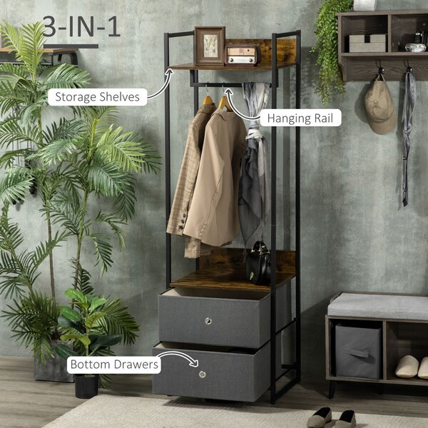 HOMCOM Metal Clothes Rail with Coat Stand, Garment Rack, 2 Fabric Drawers, Single Wardrobe, Rustic Brown and Grey, Bedroom Furniture Aosom UK