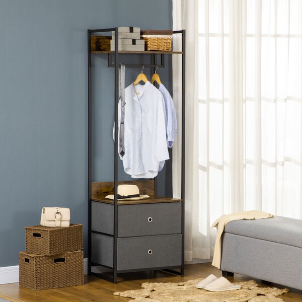 HOMCOM Metal Clothes Rail with Coat Stand, Garment Rack, 2 Fabric Drawers, Single Wardrobe, Rustic Brown and Grey, Bedroom Furniture Aosom UK
