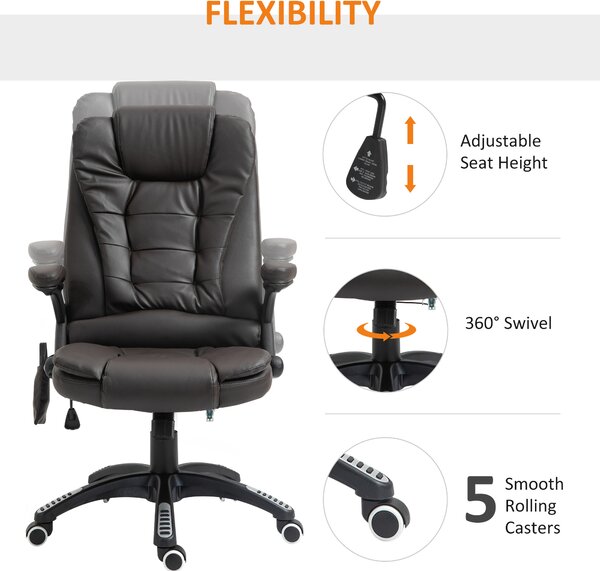 HOMCOM High Back Executive Massage Chair, PU Leather Massage Office Chair with Heat, Tilt, Reclining Function, Adjustable, Brown Aosom UK