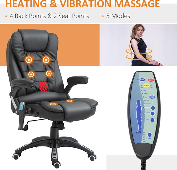 HOMCOM Massage Chair with Heat, High Back PU Leather Executive Office Chair W/ Tilt and Reclining Function, Black Aosom UK