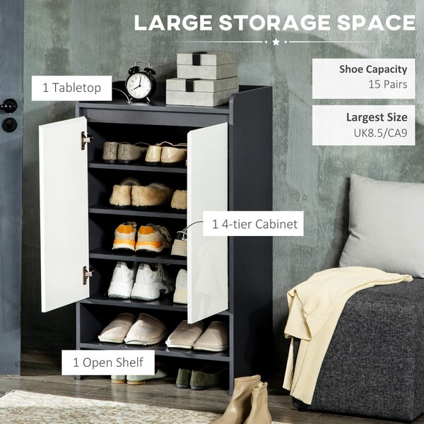 HOMCOM Modern Hallway Shoe Cabinet, High Gloss White Doors with Open Shelves, Storage Organizer for 15 Pairs of Shoes, Grey Aosom UK