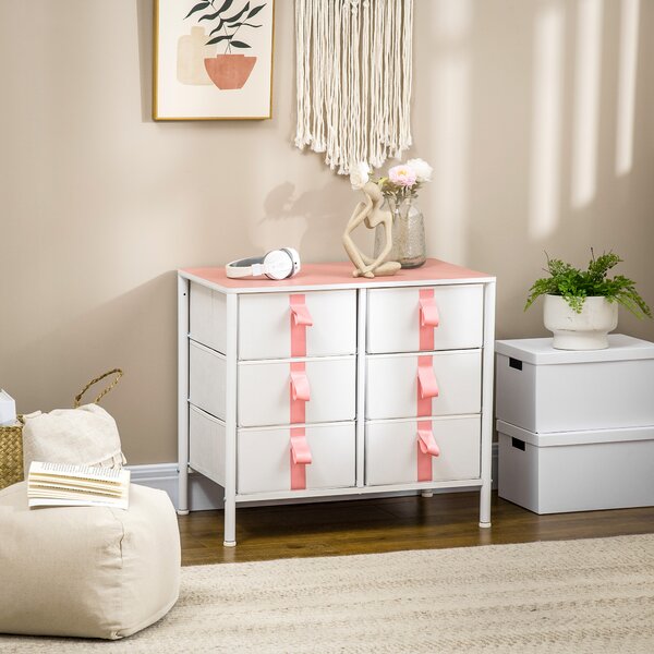 HOMCOM Storage Chest with 6 Fabric Drawers, Metal Frame Dresser with Wooden Top, Organiser for Bedroom or Nursery, Pink Aosom UK