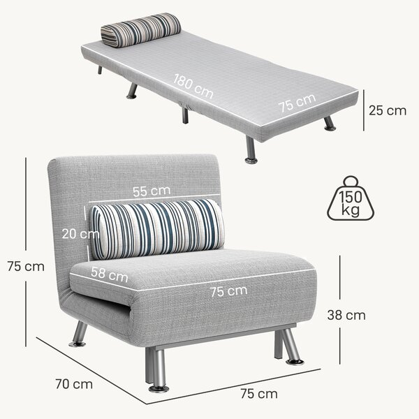 HOMCOM Single Sofa Bed, 1 Person Sleeper Foldable Lounge with Pillow, Grey Aosom UK