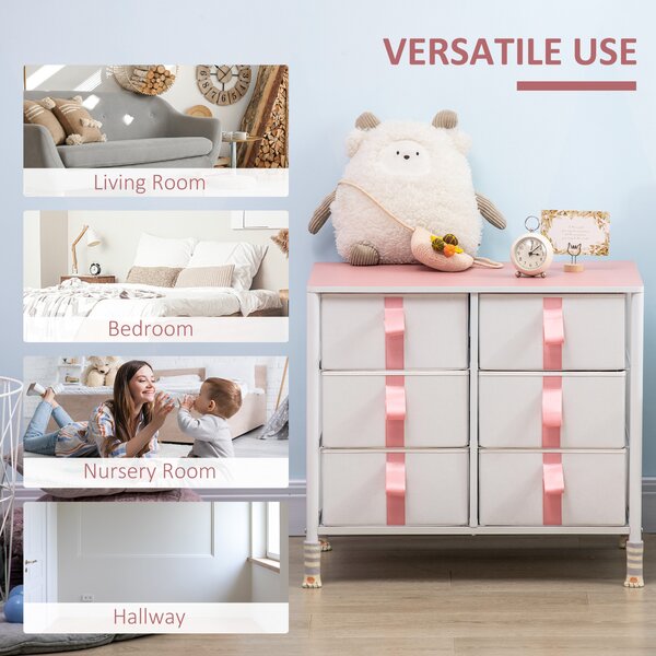 HOMCOM Storage Chest with 6 Fabric Drawers, Metal Frame Dresser with Wooden Top, Organiser for Bedroom or Nursery, Pink Aosom UK