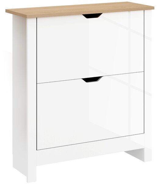 HOMCOM Slim Shoe Cabinet Narrow High Gloss 12-Pair White with 2 Flip Drawers Adjustable Shelves Space Saving Shoe Storage Solution Aosom UK