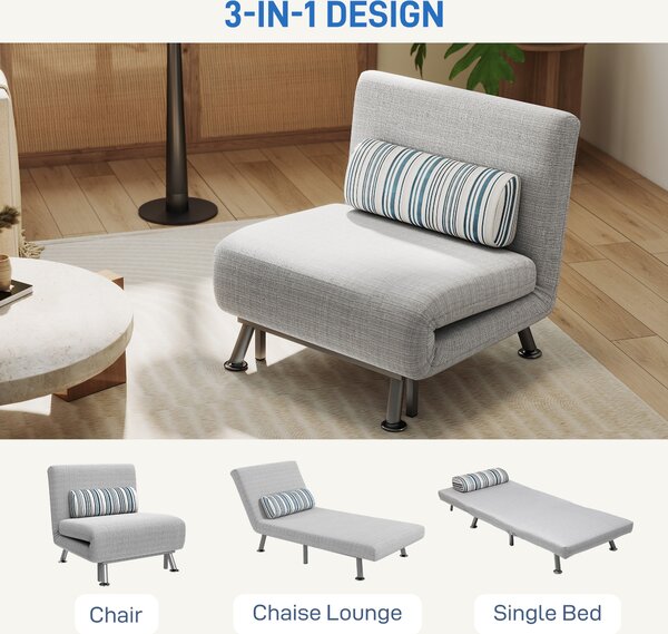 HOMCOM Single Sofa Bed, 1 Person Sleeper Foldable Lounge with Pillow, Grey Aosom UK