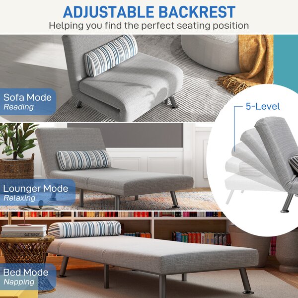 HOMCOM Single Sofa Bed, 1 Person Sleeper Foldable Lounge with Pillow, Grey Aosom UK