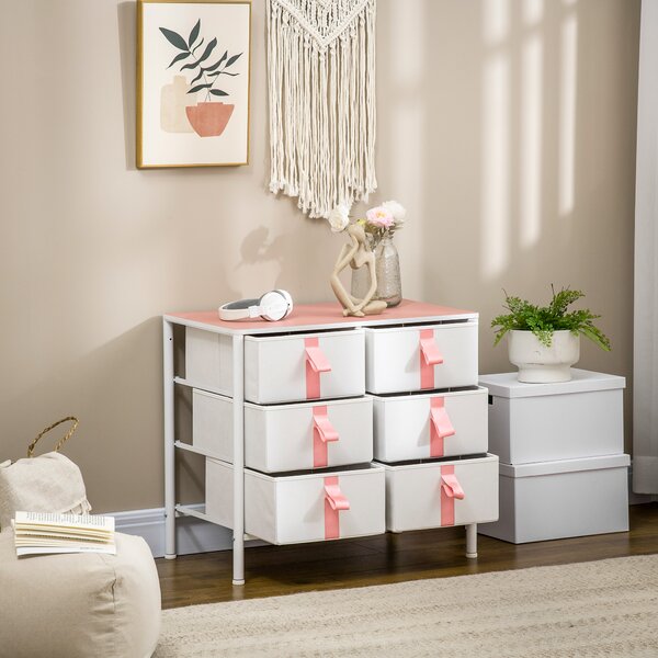 HOMCOM Storage Chest with 6 Fabric Drawers, Metal Frame Dresser with Wooden Top, Organiser for Bedroom or Nursery, Pink Aosom UK