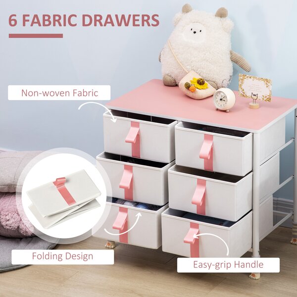 HOMCOM Storage Chest with 6 Fabric Drawers, Metal Frame Dresser with Wooden Top, Organiser for Bedroom or Nursery, Pink Aosom UK