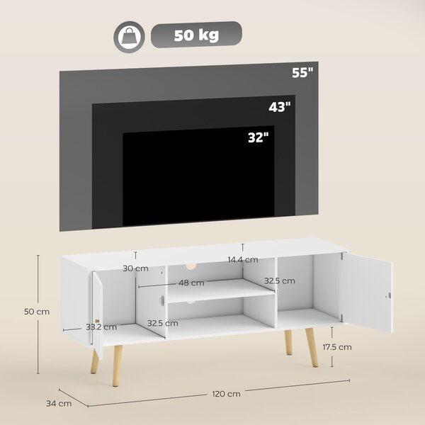 HOMCOM TV Unit Cabinet for TVs up to 55 Inches, TV Stand with Storage Shelves and Wood Legs for Living Room, White Aosom UK