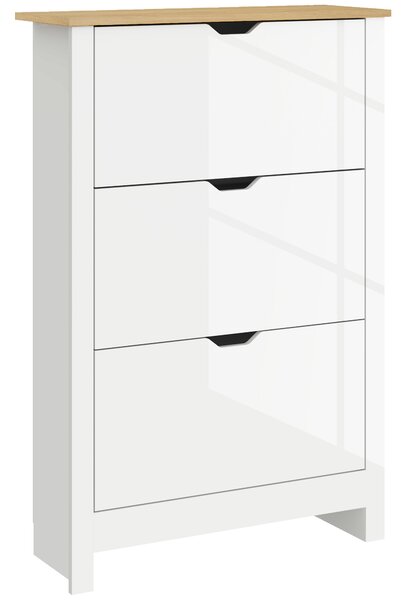 HOMCOM Slim Shoe Cabinet, Narrow Shoe Cupboard with 3 Flip Drawers, Adjustable Shelves for 18 Pairs of Shoes, High Gloss White