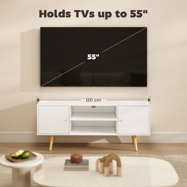 HOMCOM TV Unit Cabinet for TVs up to 55 Inches, TV Stand with Storage Shelves and Wood Legs for Living Room, White Aosom UK