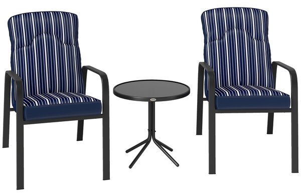 Outsunny 3-Piece Patio Bistro Set, 5-Position Adjustable Recliner Garden Chairs and Tempered Glass Table, Garden Furniture Set with Cushions, High Back, Armrests, Metal Frame for Balcony Patio, Blue