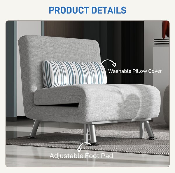 HOMCOM Single Sofa Bed, 1 Person Sleeper Foldable Lounge with Pillow, Grey Aosom UK