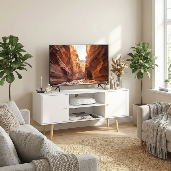 HOMCOM TV Unit Cabinet for TVs up to 55 Inches, TV Stand with Storage Shelves and Wood Legs for Living Room, White Aosom UK