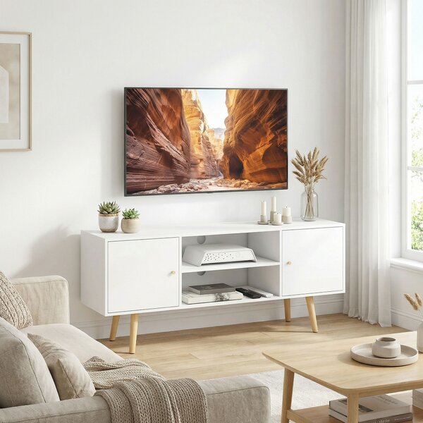 HOMCOM TV Unit Cabinet for TVs up to 55 Inches, TV Stand with Storage Shelves and Wood Legs for Living Room, White Aosom UK