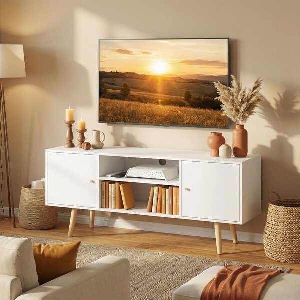 HOMCOM TV Unit Cabinet for TVs up to 55 Inches, TV Stand with Storage Shelves and Wood Legs for Living Room, White Aosom UK