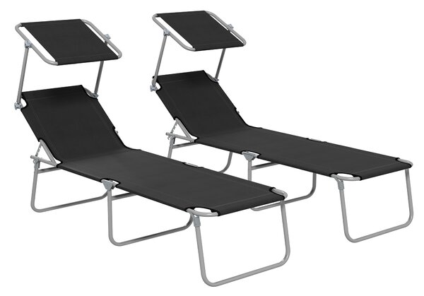 Outsunny Foldable Sun Lounger Set of 2 with Sun Shade & Adjustable Backrest - Black