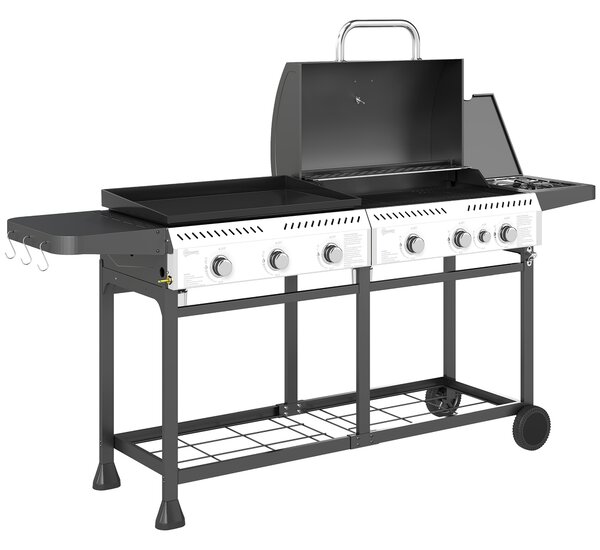 Outsunny Deluxe Duo Gas BBQ, with Grill, Plancha and Side Burner - Black