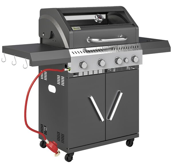 Outsunny 4+1 Burner Gas BBQ Grill with Clear View Lid, Portable Gas Barbecue Grill with Built-in Thermometer, Side Table, Cabinet, Wheels, Grease Tray for Garden Party Outdoor Cooking, Black
