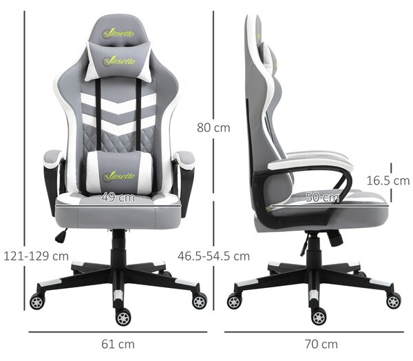Vinsetto Ergonomic Gaming Chair with Lumbar Support, Adjustable Headrest and Swivel Wheels, PVC Leather, Cat Scratch Anti, Grey/White Aosom UK