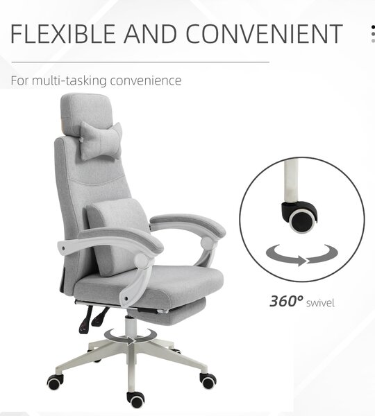 Vinsetto Ergonomic Desk Chair, High Back Fabric Office Chair with Reclining Backrest, Footrest, Neck and Lumbar Pillow, Grey Aosom UK