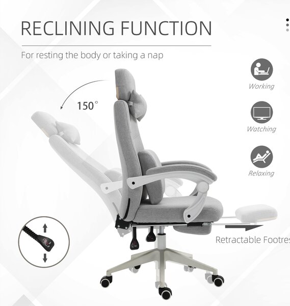 Vinsetto Ergonomic Desk Chair, High Back Fabric Office Chair with Reclining Backrest, Footrest, Neck and Lumbar Pillow, Grey Aosom UK