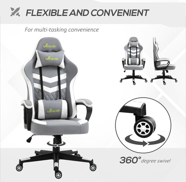 Vinsetto Ergonomic Gaming Chair with Lumbar Support, Adjustable Headrest and Swivel Wheels, PVC Leather, Cat Scratch Anti, Grey/White Aosom UK