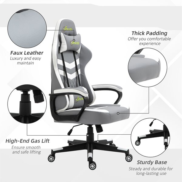 Vinsetto Ergonomic Gaming Chair with Lumbar Support, Adjustable Headrest and Swivel Wheels, PVC Leather, Cat Scratch Anti, Grey/White Aosom UK