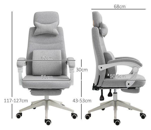 Vinsetto Ergonomic Desk Chair, High Back Fabric Office Chair with Reclining Backrest, Footrest, Neck and Lumbar Pillow, Grey Aosom UK