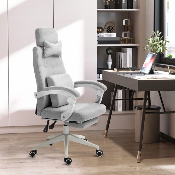 Vinsetto Ergonomic Desk Chair, High Back Fabric Office Chair with Reclining Backrest, Footrest, Neck and Lumbar Pillow, Grey Aosom UK