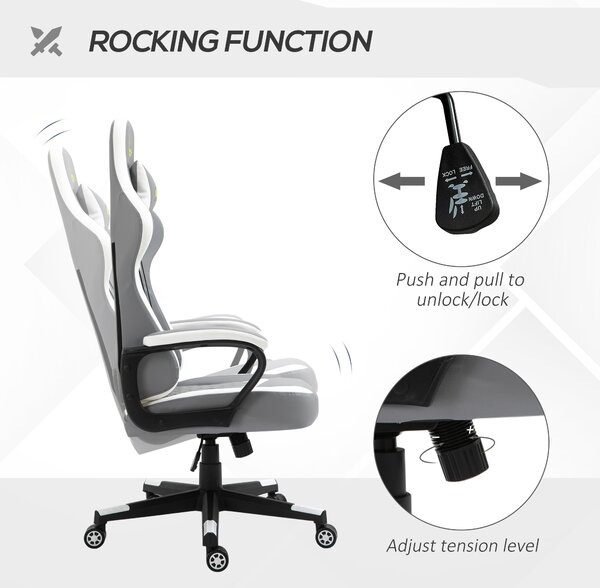 Vinsetto Ergonomic Gaming Chair with Lumbar Support, Adjustable Headrest and Swivel Wheels, PVC Leather, Cat Scratch Anti, Grey/White Aosom UK