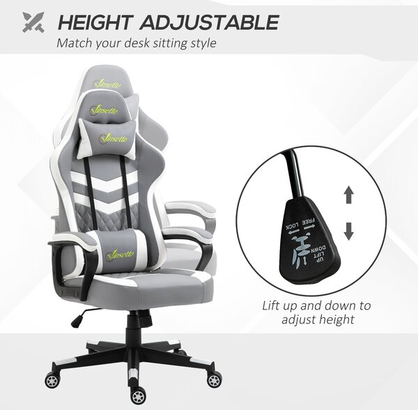 Vinsetto Ergonomic Gaming Chair with Lumbar Support, Adjustable Headrest and Swivel Wheels, PVC Leather, Cat Scratch Anti, Grey/White Aosom UK
