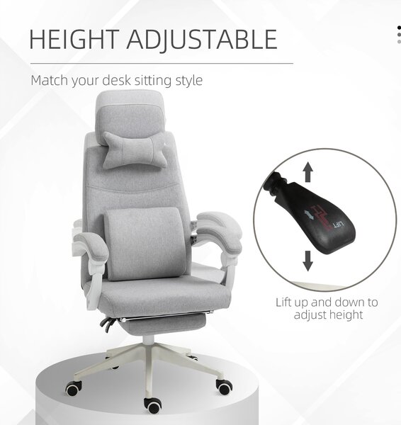 Vinsetto Ergonomic Desk Chair, High Back Fabric Office Chair with Reclining Backrest, Footrest, Neck and Lumbar Pillow, Grey Aosom UK